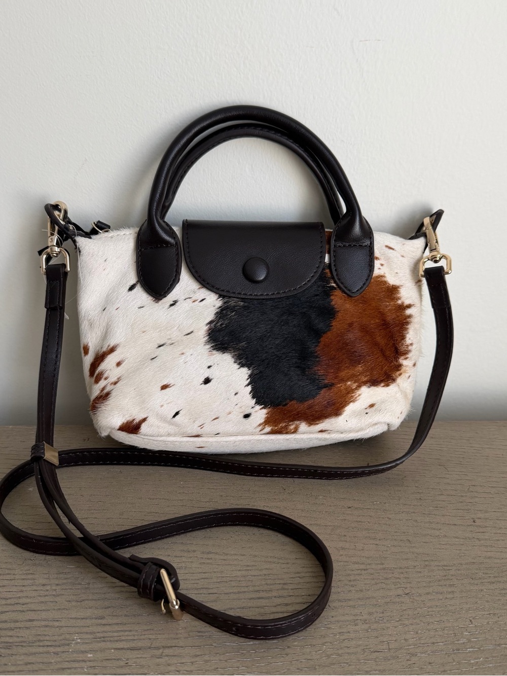 NWT House of Harlow 1960 Cow Print Calf Hair Mini Top Handle Crossbody Bag